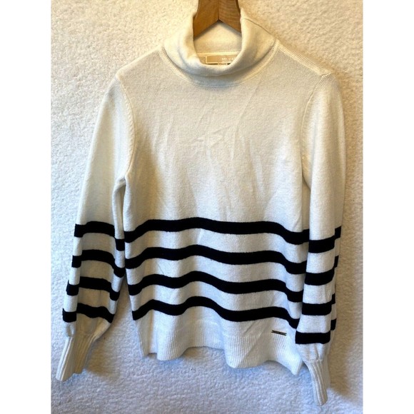 Michael Kors Size S Ivory Wool Blend‎ Stripe Turtleneck Oversized Sweater - Picture 1 of 10
